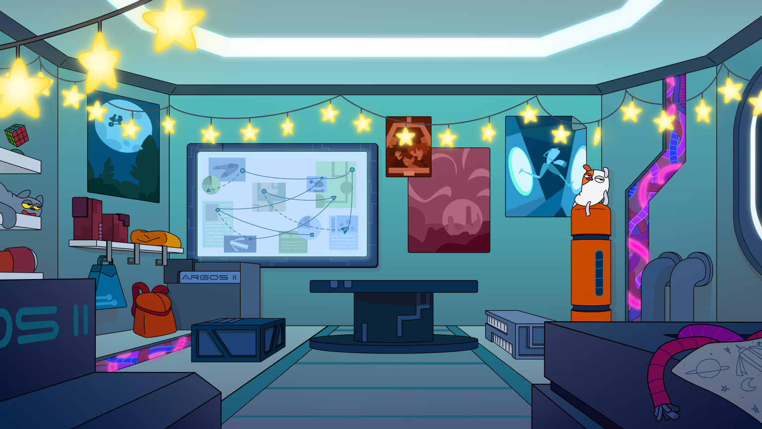 Secret meeting room for a three 12-year-olds living in a space colony